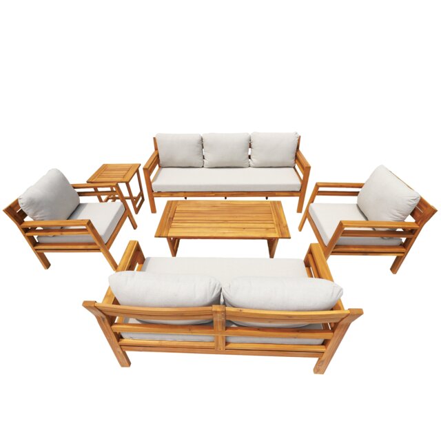 Direct Wicker 6 PCS Garden Furniture Conversation Set, Acacia Wood Outdoor Sectional Sofa Set for Patio Balcony Yard, Straight Line Design