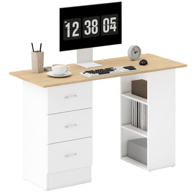 HOMCOM 120cm Computer Desk, Study Table with 3 Shelf & Drawers, Natural Brown