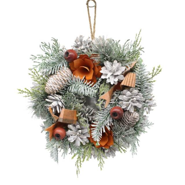 Christmas Wreath Festive Decoration with Jute Hanger Traditional Pinecone Decor Multi Orange & White 25cm 1