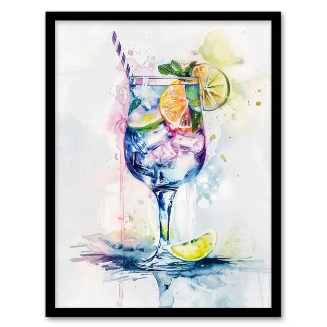 Tropical Cocktail Drink Colourful Kitchen Bar Black Framed Wall Art Print A4
