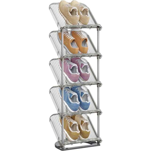 Slim Sloping 5 Tier Shoe Rack, Customisable Plastic Shoe Storage Shelf for Small Spaces, Grey