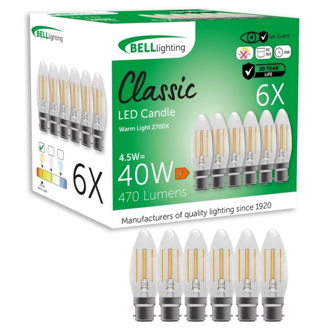 BELL Lighting B22 LED Filament Candle 4.5W Energy Saving Light Bulb White Warm White - 2700K 6