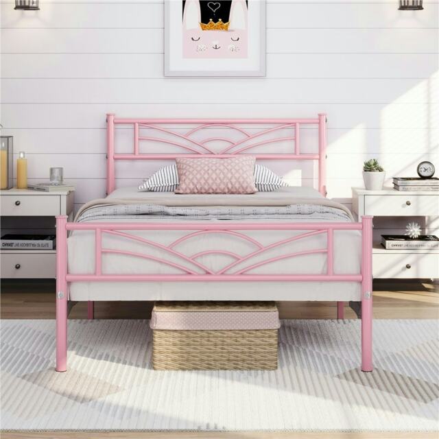Yaheetech Metal Platform Bed Frame with Cloud-inspired Design Headboard Pink, 3ft Single