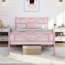 Yaheetech Metal Platform Bed Frame with Cloud-inspired Design Headboard Pink, 3ft Single