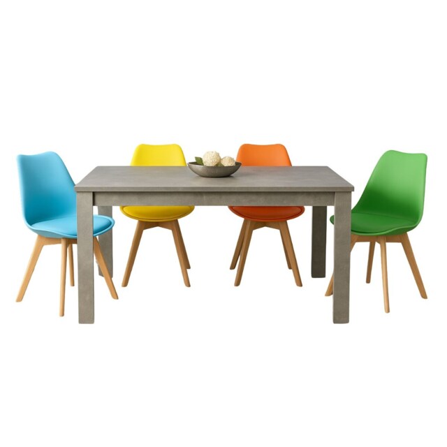 Dining Table and 4 Chairs Stone Grey Effect Wood Table 4 Colourful Plastic Chairs Dining Room