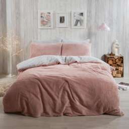 OHS Reversible Soft Teddy Fleece Duvet Cover and Pillowcase Bedding Set, Single - Blush Pink/Grey