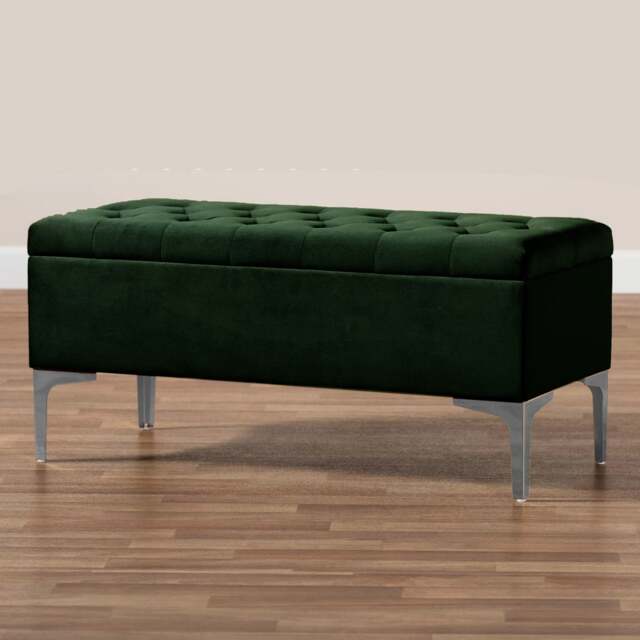 Modena Storage Ottoman Bench, Ottoman Footstool with Legs, 90cm Plush Velvet Upholstered End of Bed Bench, Forest Green