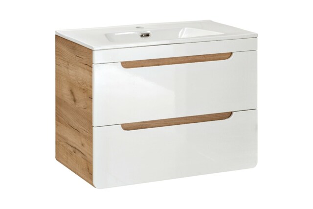 Wall Hung Drawers Bathroom Vanity Unit with Sink 600mm Cabinet with Basin Compact White Gloss Oak Effect Arub