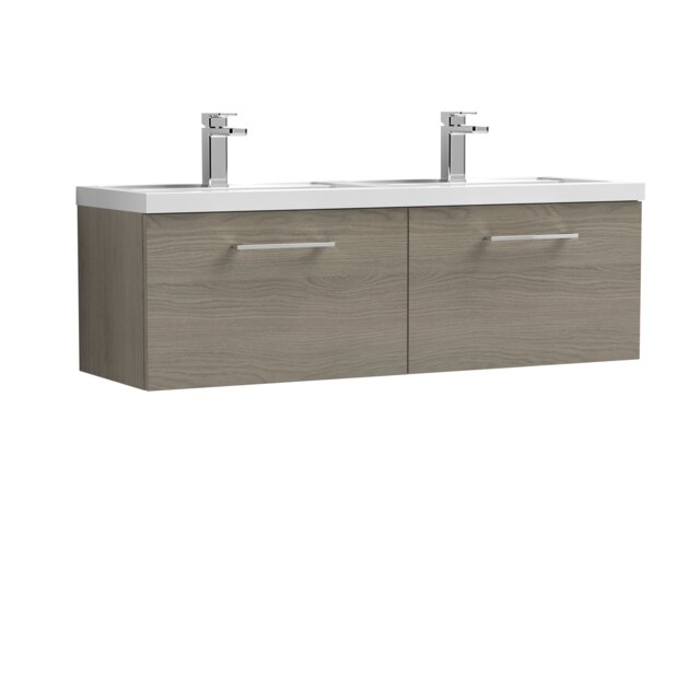 Balterley Level Wall Hung 2 Drawer Vanity Unit & Double Basin for Modern Bathroom Storage Brown Grey Vicenza Oak