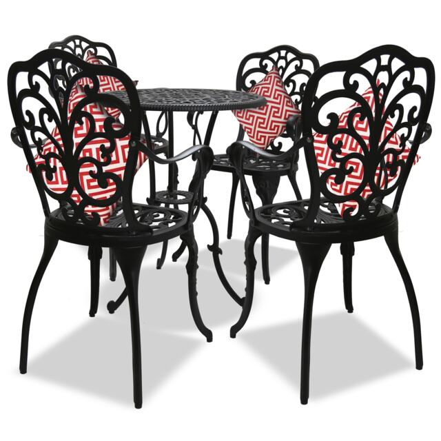 Centurion Supports BANGUI Black Luxurious Garden and Patio Table and 4 Large Chairs with Armrests Cast Aluminium Bistro Set