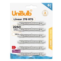 UniBulb Halogen 78mm R7S Linear 2250lm 120W 2900K (Warm White) Dimmable Light Bulb For Floodlights, Work Lamps, & Security Lights - Pack of 6 Clear Warm White 6
