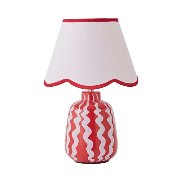 ValueLights Katy Pink and Red Wiggle Stripe Table Lamp Scallop Shade