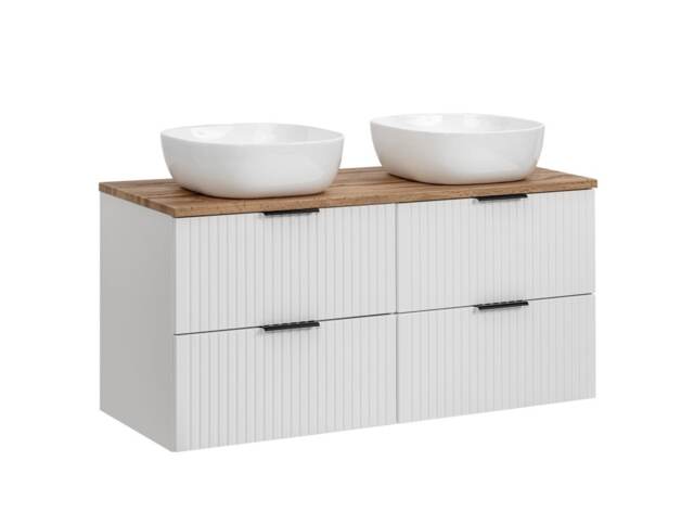White Double Bathroom Double Vanity Unit with Basins and Countertop 120cm Oak Worktop Ribbed Textured Drawers Adel