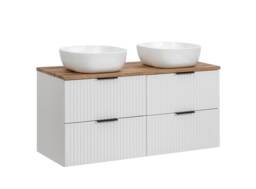 White Double Bathroom Double Vanity Unit with Basins and Countertop 120cm Oak Worktop Ribbed Textured Drawers Adel