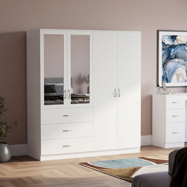 Vida Designs Riano X-Large 4 Door 3 Drawer Mirrored Wardrobe With Shelving & Hanging Clothes Rail - White
