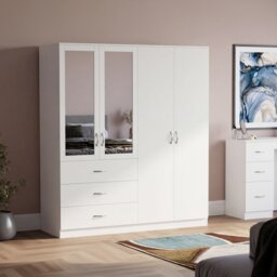 Vida Designs Riano X-Large 4 Door 3 Drawer Mirrored Wardrobe With Shelving & Hanging Clothes Rail - White