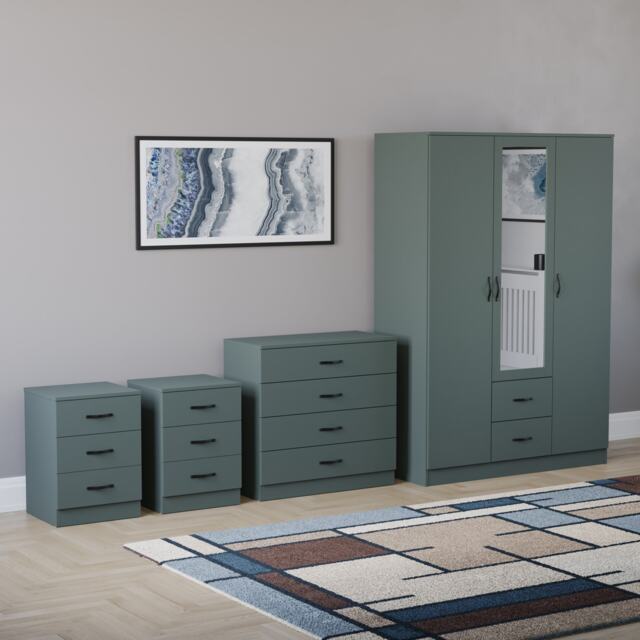 Vida Designs Riano 4 Piece Bedroom Set (3 Drawer Bedside Chest, 4 Drawer Chest, 3 Door 2 Drawer Mirrored Wardrobe), Green (6)