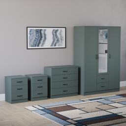 Vida Designs Riano 4 Piece Bedroom Set (2x 3 Drawer Bedside Chest, 4 Drawer Chest, 3 Door 2 Drawer Mirrored Wardrobe) - Green