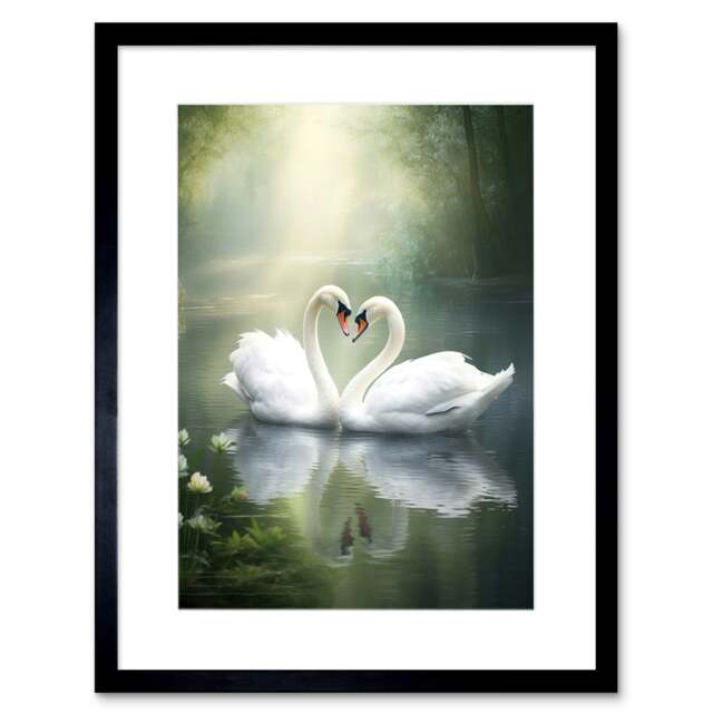 "Elegant Love Heart Swans Love Romance 9x7"" Black Framed Wall Art Print"