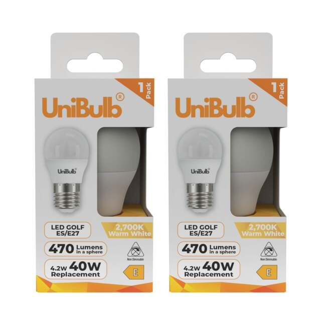 UniBulb LED Golf Ball E27 Edison Screw (ES) 470lm 4.2W (Replaces 40W) 2700K (Warm White) Light Bulb - Pack of 2