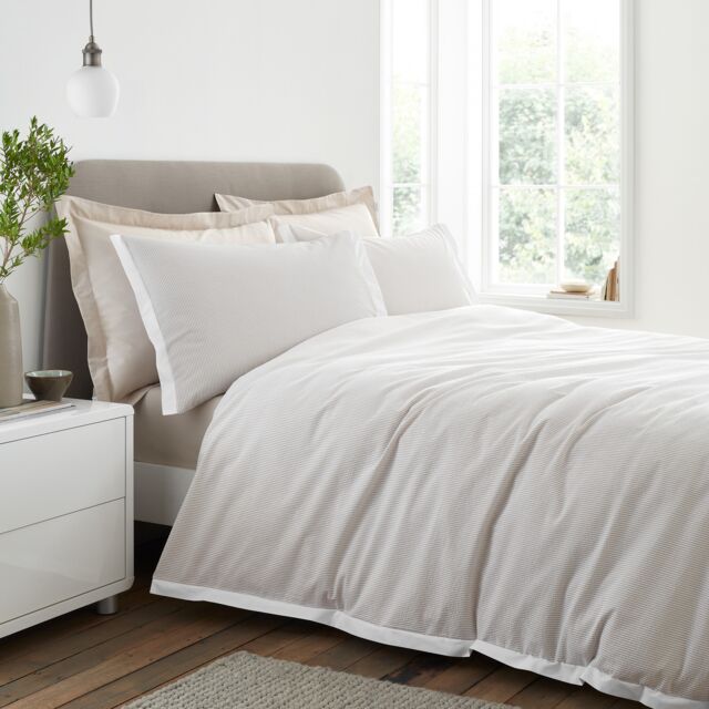 Bianca Seersucker Woven Stripe 180 Thread Count Cotton Duvet Cover Set Cream Natural Super King