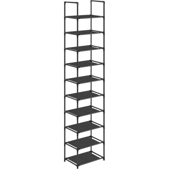 10-Tier Shoe Tower, Compact Storage Rack with Fabric Shelves and Metal Frame, Black