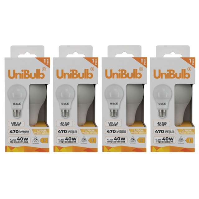 UniBulb LED GLS E27 Edison Screw (ES) 470lm 4.2W (Replaces 40W) 2700K (Warm White) Light Bulb - Pack of 4