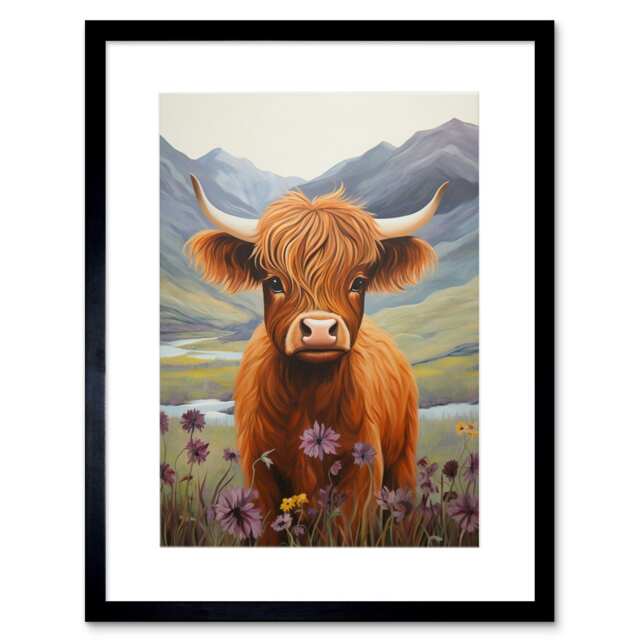 "Kids Bedroom Nursery Highland Calf Cow Flower 9x7"" Black Framed Wall Art Print"