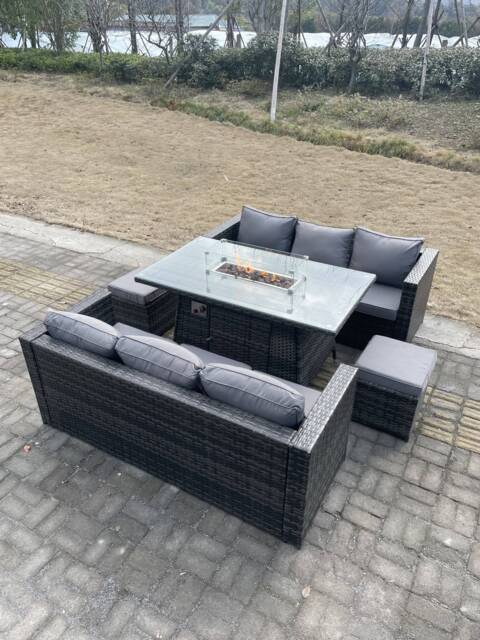 Fimous 8 Seater Outdoor Rattan Sofa Set Garden Furniture Gas Firepit Set Heater Dining Table Footstools Dark Grey Mixed