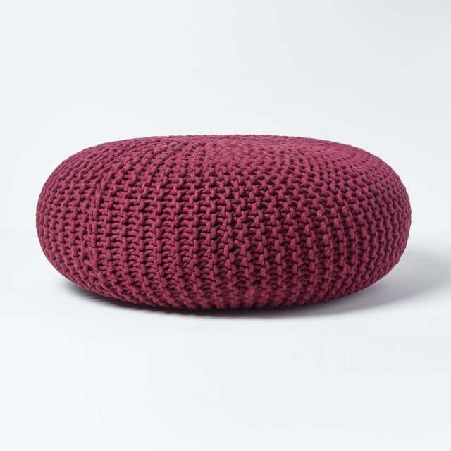 Homescapes Plum Large Round Cotton Knitted Pouffe Footstool