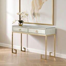 Orsina Luxurious Gold Finish Console Table With Two Drawers, Antique Glass Console Table, Spacious Decorative Table