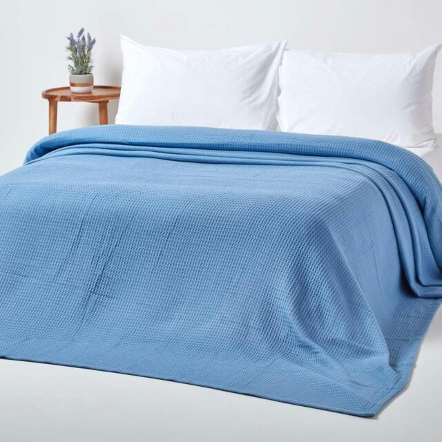 Homescapes Organic Cotton Waffle Blanket/ Throw Blue - 228 x 228 cm