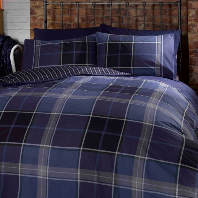 Argyle Design Tartan Polycotton Duvet Set With Pillowcase Blue 1