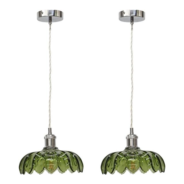Set of 2 Alice - Green Leaf Design Pendant Shades with Chrome Flex Set