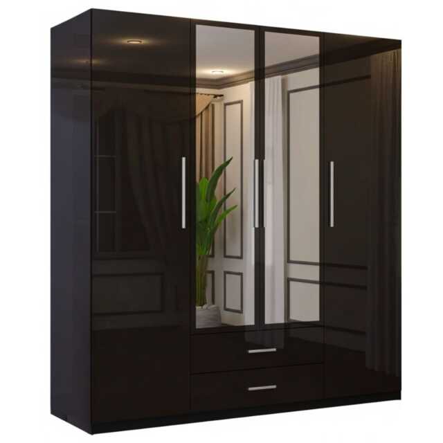 Sliding Wardrobes 4U High Gloss Wardrobe Range with Mirror and Silver Handles - 2 3 or 4 Door Sizes White Black or Grey Finish Black Black 160cm