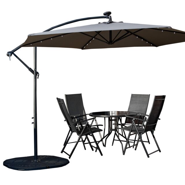 Outdoor 4 Person Round Glass Top Garden Dining Table Chairs With Grey Banana Lit Parasol and Base Set