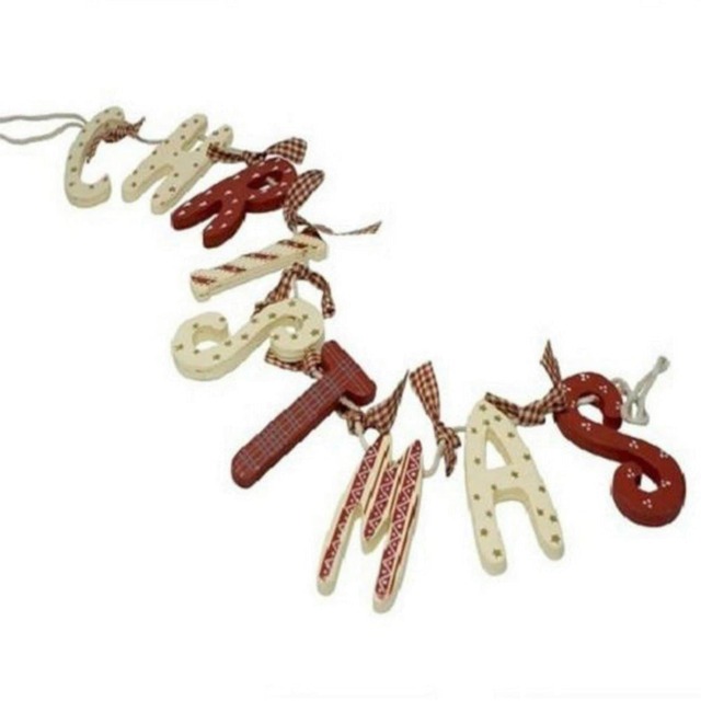 70cm Vintage Country Style Tartan Red & Cream Wooden Christmas Garland Banner Gingham Ribbon Hanging Xmas Decorations