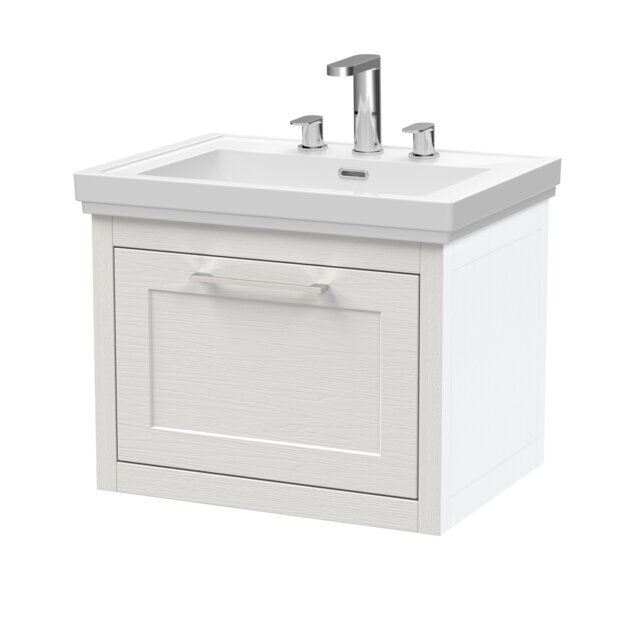 Balterley Traditional Bathroom Wall Hung 1 Drawer Vanity Unit and 3 Tap Hole Fireclay Basin White Nimbus White