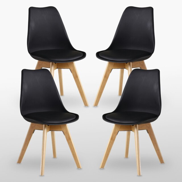 Set of 4 Scandinavian Dining Chairs with Leather Cushions Solid Wood Legs Black