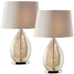 2 PACK Table Lamp & Shade Gold Tinted Glass & Mink Fabric Pretty Bedside Light