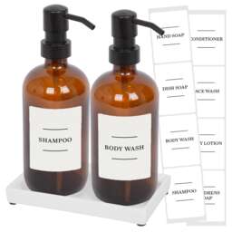 Harbour Housewares 2pc Glass Soap Dispenser Set with Ceramic Tray & Labels - 500ml - Amber/White Refillable Pump Bottles