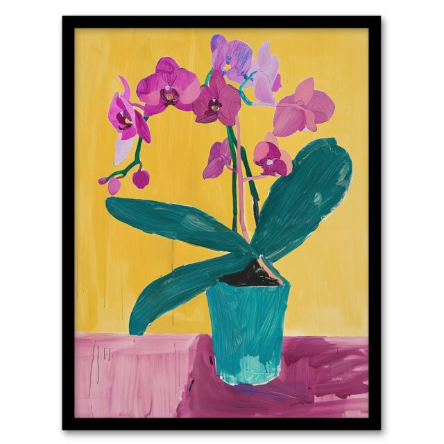 Orchid Flower Pot Orange Lilac Green Home Decor Black Framed Wall Art Print A4