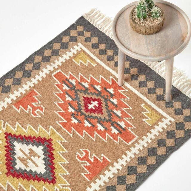 Homescapes Jaipur Handwoven Brown and Orange Kilim Wool Rug - 90 x 150 cm Multi Brown, grey, orange, yellow and red