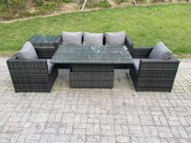 Fimous Outdoor Rattan Garden Furniture Sofa Set Patio Adjustable Rising Lifting Dining Table Set with Side Table 2 Armchairs Dark Grey Mixed
