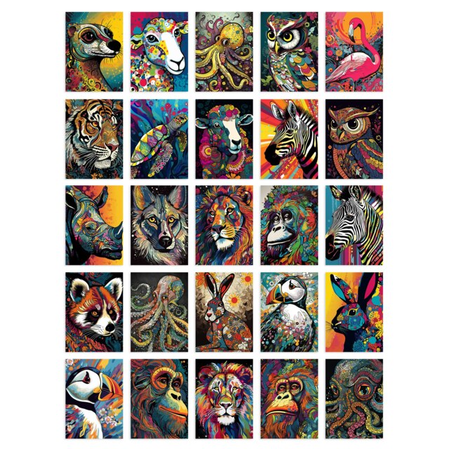 Vibrant Colourful Wild Animal Aesthetic Fun Wall Art Set of 50 Unframed A6 Prints Multi