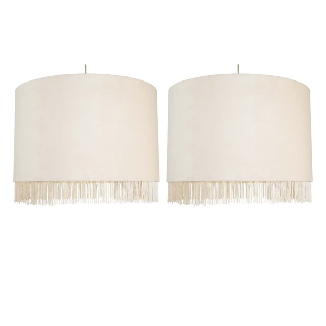 Set of 2 Fringed - Off White 38cm Fringed Velvet Pendant Shades White Large 2