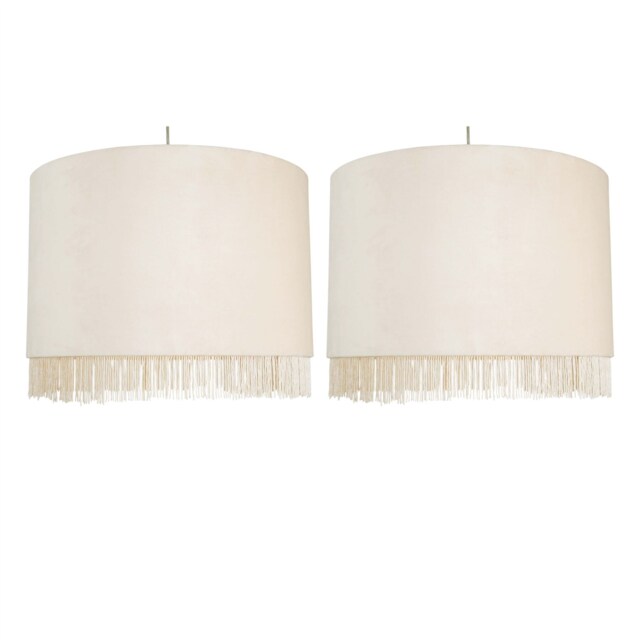 Set of 2 Fringed - Off White 38cm Fringed Velvet Pendant Shades White Large 2