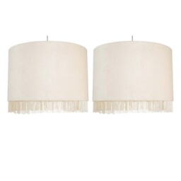 Set of 2 Fringed - Off White 38cm Fringed Velvet Pendant Shades White Large 2