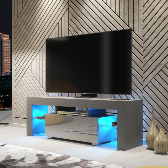 TV Stand TV Unit Cabinet Sideboard Grey High Gloss Doors Free LED 130cm