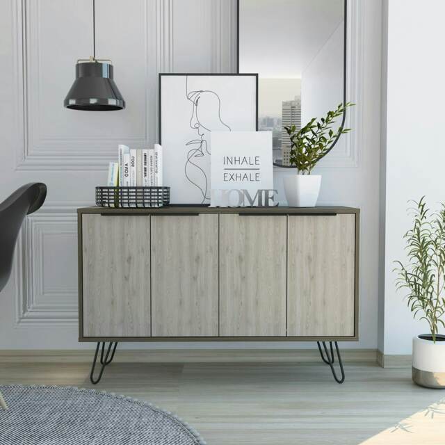 Nevada Large Sideboard in Smoked Oak with 4 Doors - Contrasting Bleached Grey Oak and Black Hairpin Legs Brown Brown One Size 1